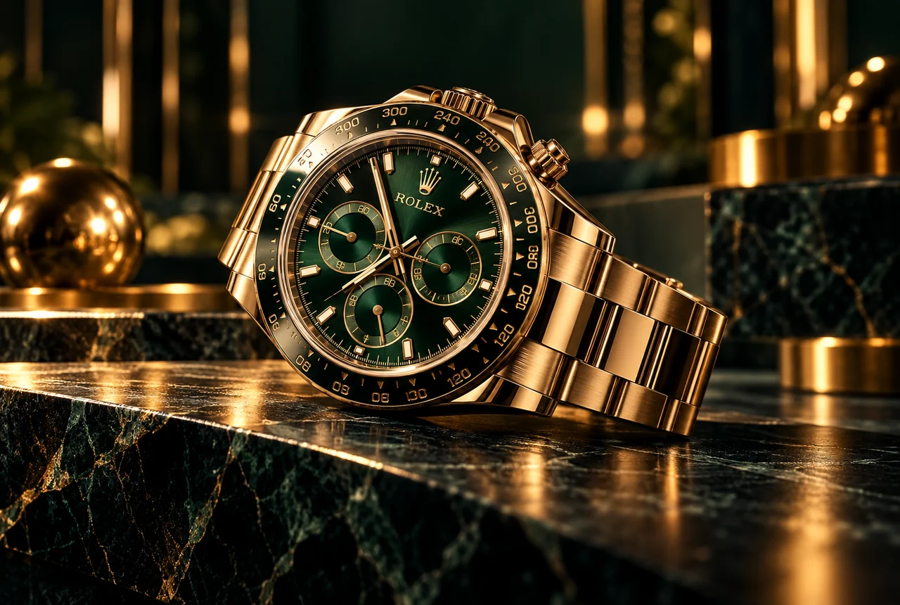 صورة مولّدة لساعة ذهبية بقرص أخضر يظهر عليه شعار Rolex؛ ليست صورة موثقة لساعة أصلية أو لجائزة معتمدة
